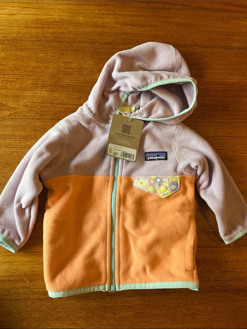 Patagonia Kids Lavender and Orange Fleece Hoodie with Floral Trim
